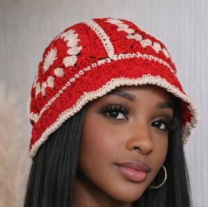 Crochet Bucket Hat - Red & Cream Women’s Accessory